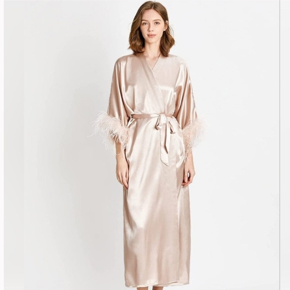 Peach Satin Robe with Feather Sleeves and Wrap Closure